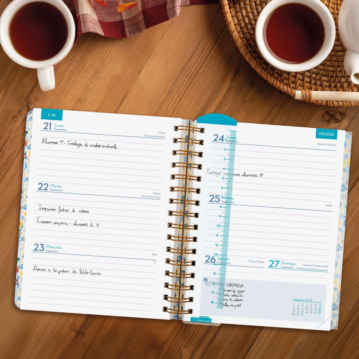 Agenda para el docente curso 2026-2027 Magistral Design 4º-155x212 mm semana vista horizontal Flowers Finocam 3