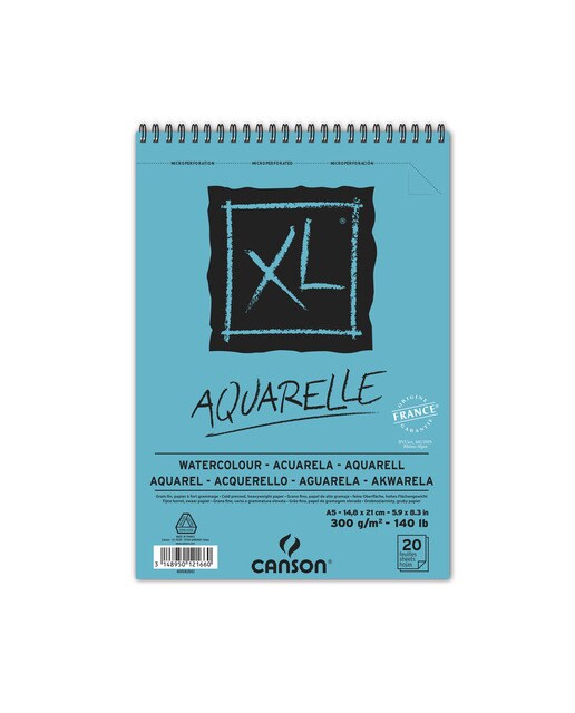 Álbum Espiral Microperfurado, 14,8 x 21 cm, 20 Folhas, Canson XL Aquarelle, Grão Fino, 300 g Branco-1