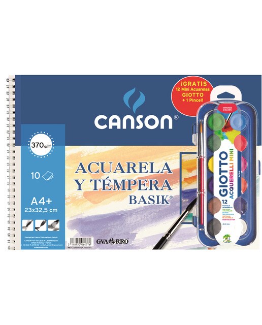 Álbum Espiral 10 Folhas Aguarela Basik 370 g + Mini Estojo 12 Aguarelas com Pincel Giotto 1