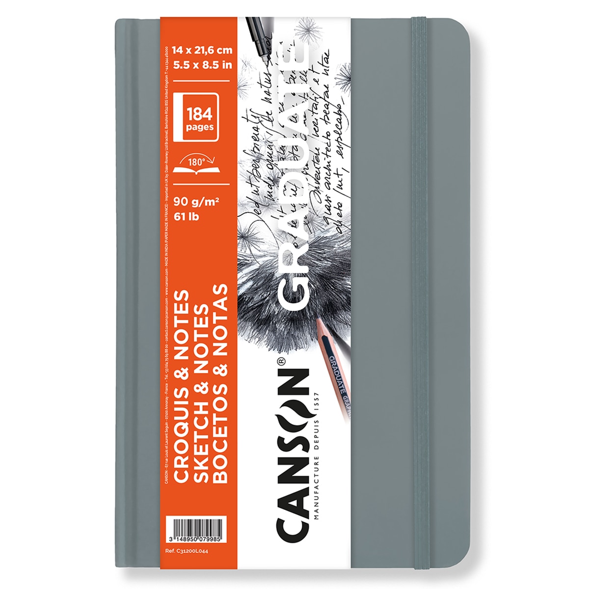 Imagem 0 de Caderno de desenho capa dura 14x21,6 cm 92 folhas finas Graduação Canson, cinzento claro