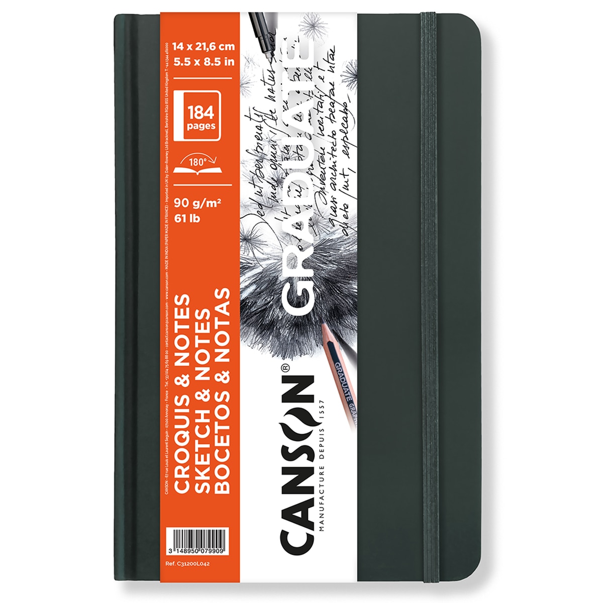Imagen 0 de Cuaderno esbozo tapa dura 14x21,6 cm 92 hojas fino Graduate Canson, gris oscuro