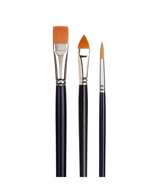 Conjunto de 3 Pincéis de Cabo Comprido de Diferentes Pontas: Redonda, Língua de Gato e Plana Van Gogh Azuis Azul-1