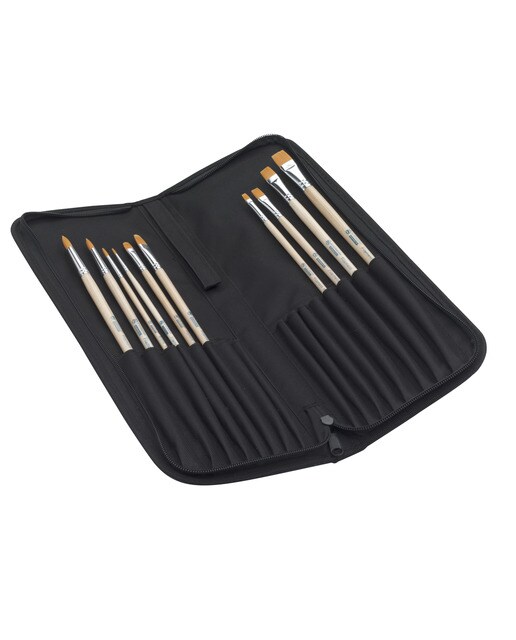 Set de Diez Pinceles Artcreation Mango Largo Para Oleo y Acrílico En Organizador de Lona Artcreation Negro Negro-1