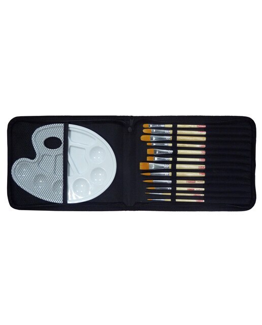 Set de Doce Pinceles Artcreation Mango Corto Para Acuarela y Tempera En Organizador de Lona y Paleta de Plástico Artcreation Negro