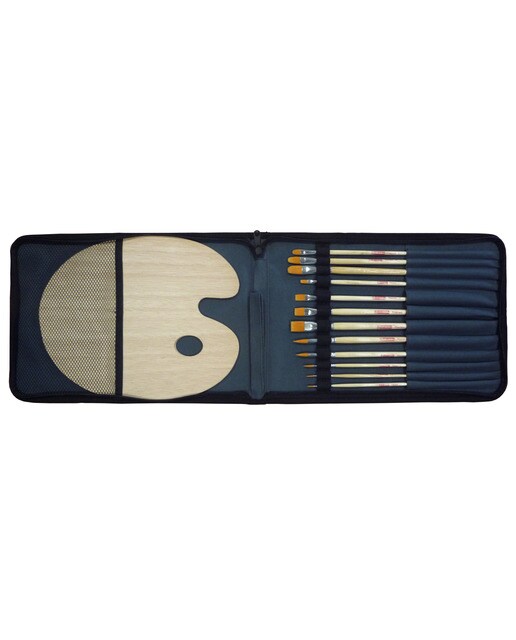 Conjunto de Doze Pincéis Artcreation Cabo Comprido Para Óleo e Acrílico em Organizador de Lona e Paleta de Madeira Artcreation Preto Preto-1