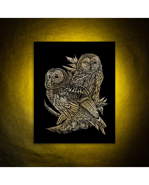 Folhas pretas  Engraving Art desenho dourado Corujas Royal & Langnickel Ouro-4