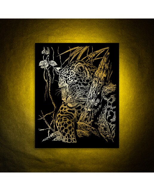 Folhas pretas Engraving Art desenho a dourado Leopardo numa árvore Royal & Langnickel Ouro-4