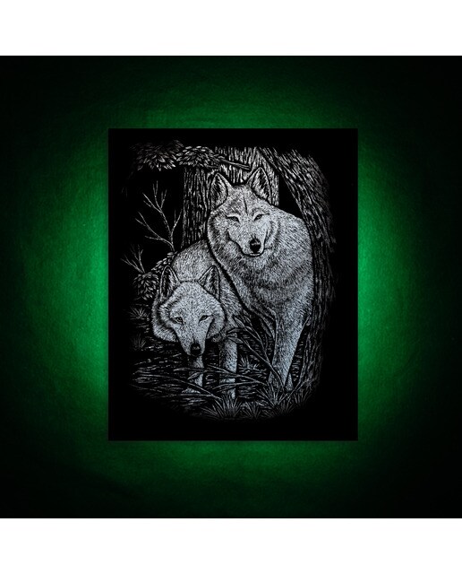 Lámina grabado Engraving Art plata dibujo Lobos en los árboles Royal & Langnickel Plata-4
