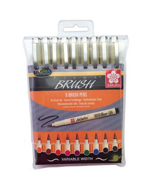 Set de Nueve Rotuladores de Colores Punta Pincel Pigma Brush Sakura Multicolor