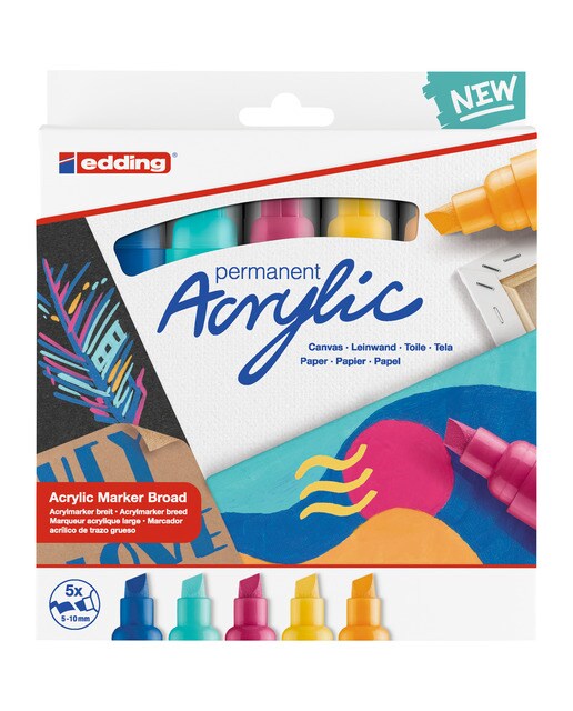 Conjunto de 5 Marcadores Acrílicos de Traço Grosso Tinta Acrílica para Tela, Madeira e Pedra Ponta Biselada 5-10 mm - Cores Abstratas Multicolor-1