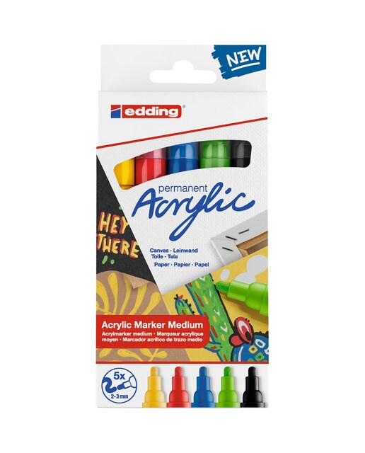 Conjunto de 5 Marcadores Acrílicos de Traço Médio para Tela, Madeira e Pedra Ponta Redonda 2-3 mm - Cores Básicas Multicolor-1