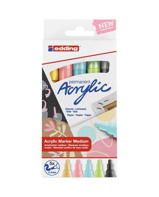 Conjunto de 5 Marcadores Acrílicos de Traço Médio para Tela, Madeira e Pedra Ponta Redonda 2-3 mm - Cores Pastel Multicolor-1