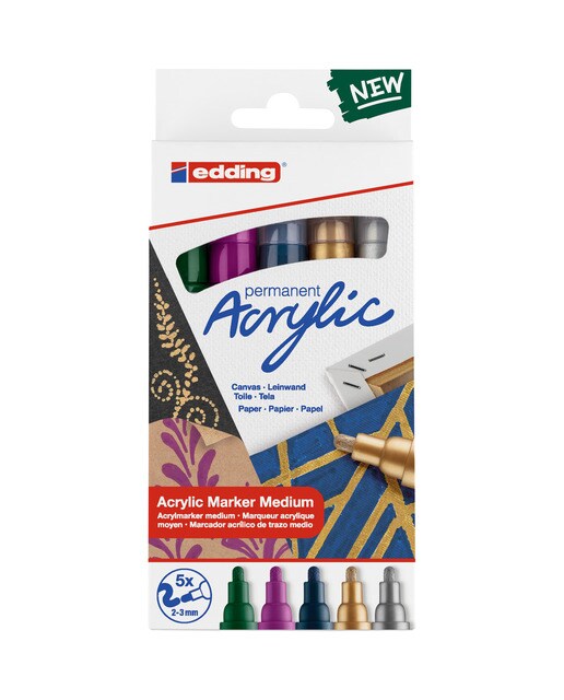 Conjunto de 5 Marcadores Acrílicos de Traço Médio para Tela, Madeira e Pedra Ponta Redonda 2-3 mm - Cores Festivas. Multicolor-1