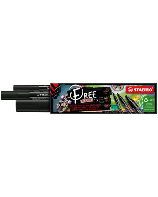Estojo com 3 Marcadores Acrílicos FREE T100, T300 e T800C Preto 1