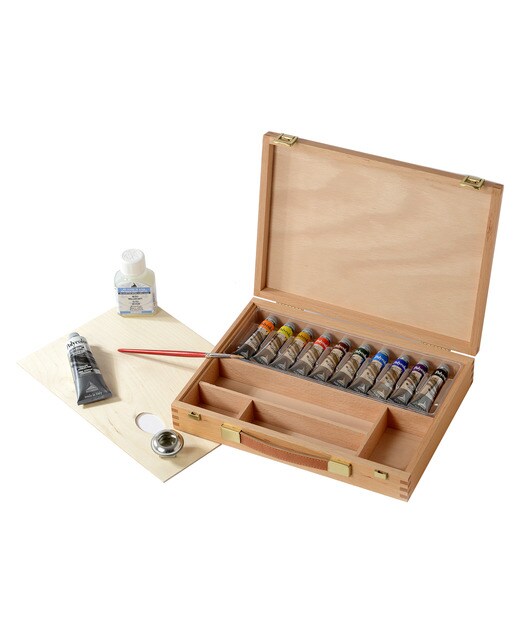Imagen 0 de Maletín de madera de raiz de haya, pintura acrílica artística 15 unidades Polycolor Maimeri