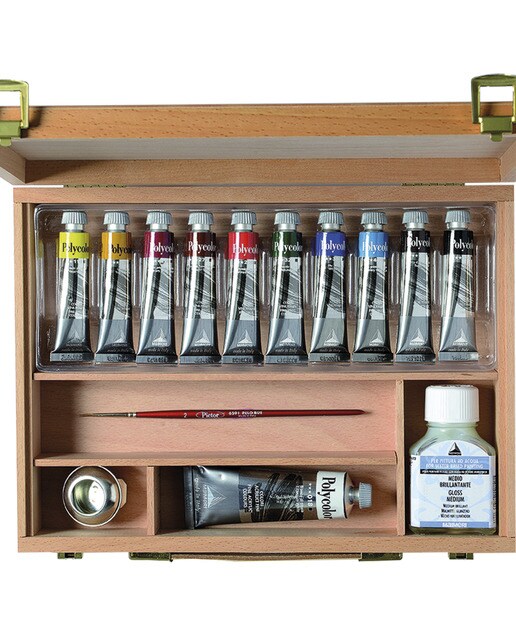 Maletín de madera de raiz de haya, pintura acrílica artística 15 unidades Polycolor Maimeri Multicolor-3