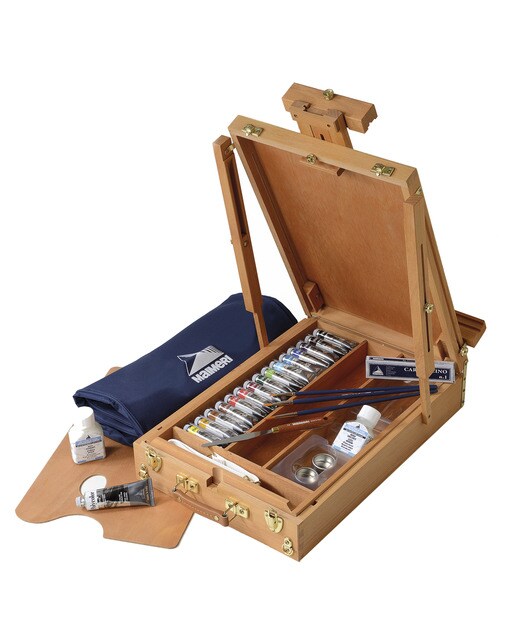 Imagen 0 de Maletín con caballete de madera de haya, pintura acrílica para artistas, set de 16 colores surtidos, con un total de 27 piezas, Polycolor Maimeri