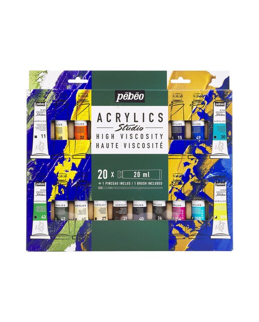 Imagen 0 de Pack 20 tubos studio Acrylics 20ml surtidos con brocha Pebeo