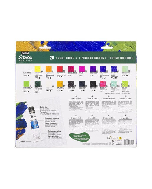 Pack 20 tubos studio Acrylics 20ml surtidos con brocha Pebeo 2