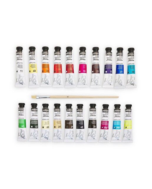 Pack 20 tubos studio Acrylics 20ml surtidos con brocha Pebeo 3