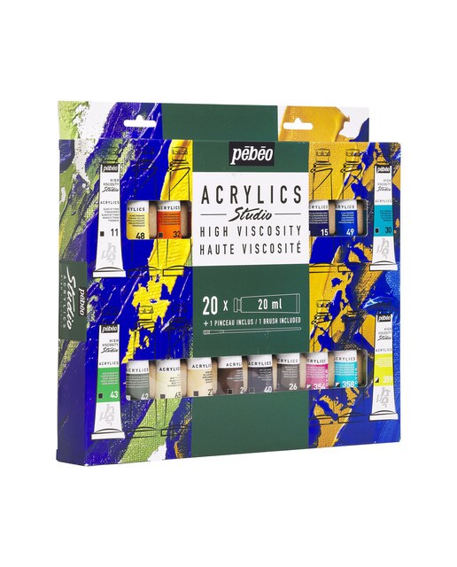 Pack 20 tubos studio Acrylics 20ml surtidos con brocha Pebeo 4