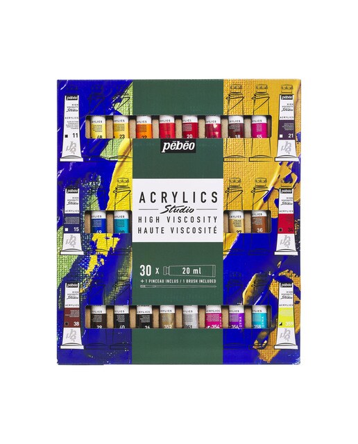 Imagen 0 de Pack de 30 tubos studio Acrylics 20ml surtidos con brocha Pebeo
