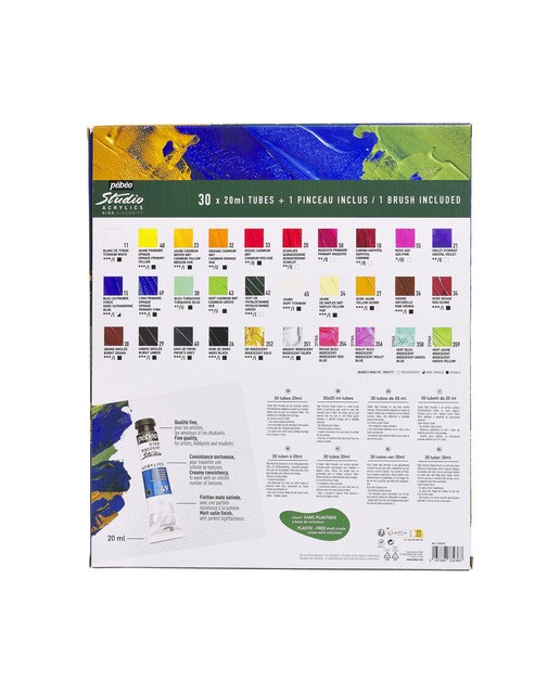 Pack de 30 tubos studio Acrylics 20ml surtidos con brocha Pebeo 2