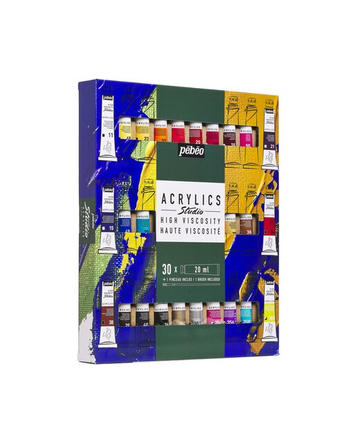 Pack de 30 tubos studio Acrylics 20ml surtidos con brocha Pebeo 4