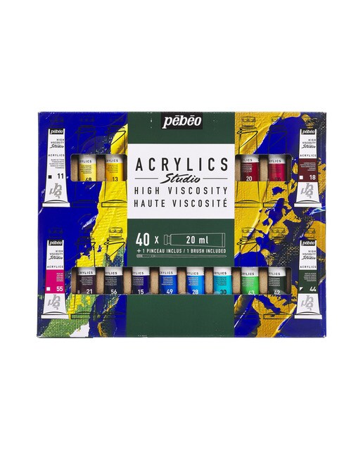 Imagen 0 de Pack de 40 tubos studio Acrylics 20ml surtidos con brocha Pebeo