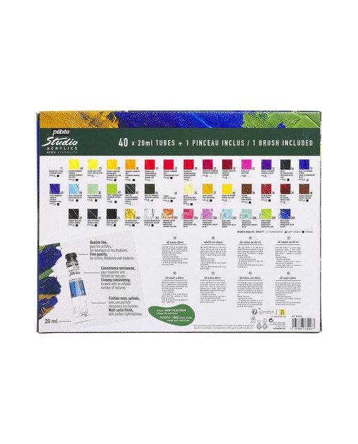 Pack de 40 tubos studio Acrylics 20ml surtidos con brocha Pebeo 2