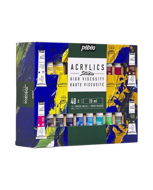 Pack de 40 tubos studio Acrylics 20ml surtidos con brocha Pebeo 4