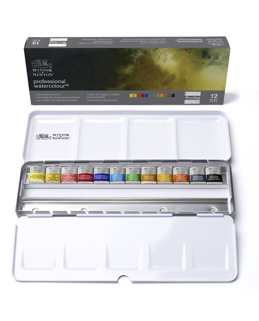 Caixa Metálica Esmaltada Resistente de 12 Meios Godés de Aguarela Extra Fina Black Box Winsor & Newton Multicolor 1