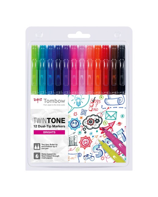 Estojo de 12 marcadores de ponta dupla aguarelável Twin Tone cores primárias Multicolor-1