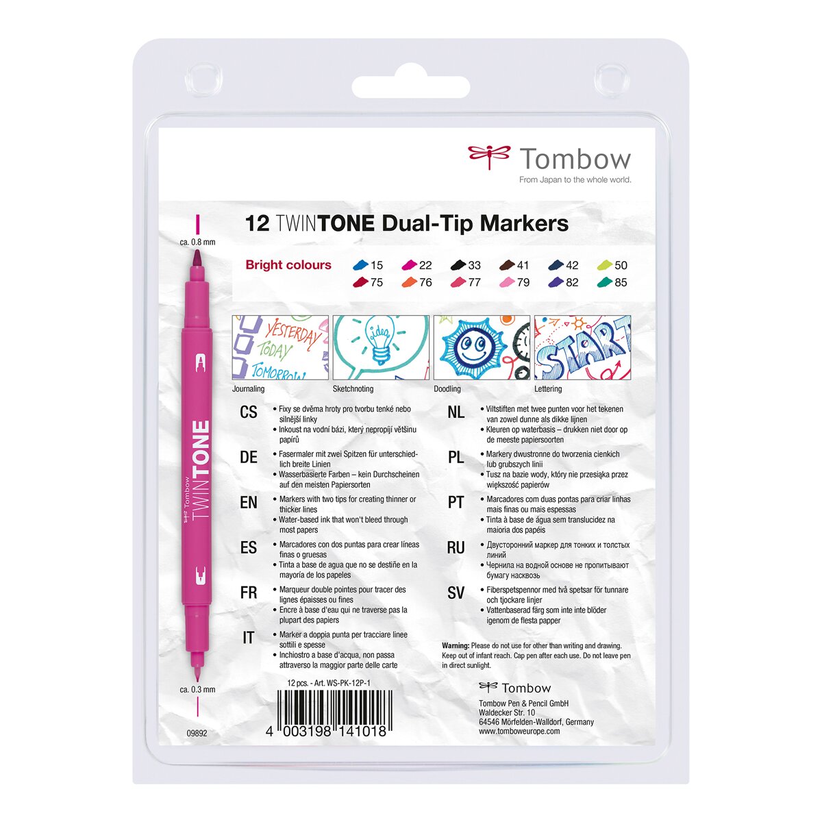 Estojo de 12 marcadores de ponta dupla aguarelável Twin Tone cores primárias Multicolor-2