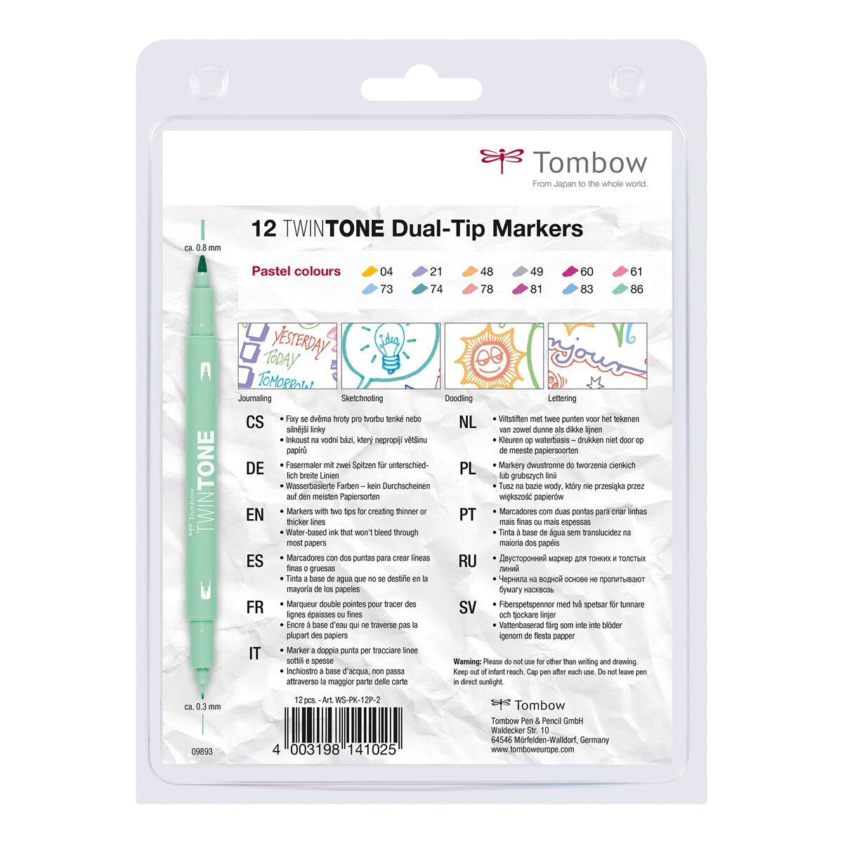 Estojo de 12 marcadores de ponta dupla aguarelável Twin Tone cores pastel Multicolor-2