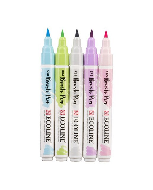 Conjunto de 5 Canetas de Feltro com Ponta de Pincel Aguareláveis Ecoline Brush Pen - Tons Pastel Multicolor-2