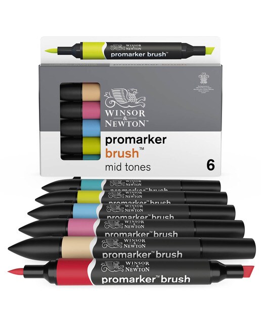 Conjunto de 6 marcadores Brushmarker tons médios Winsor&Newton 1