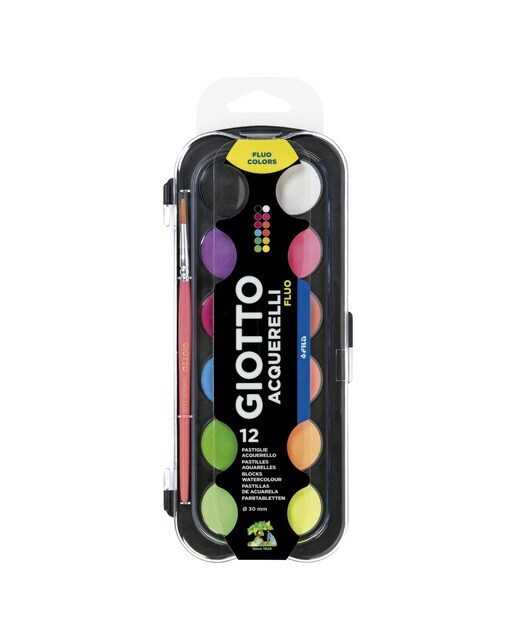 Caja de acuarelas fluo 30mm 12 unidades + pincel Giotto