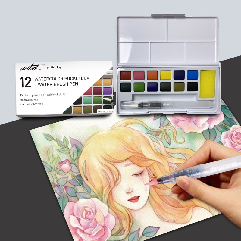 Caja 12 acuarelas colores pocket Artist Alex Bog Blanco / Negro-5