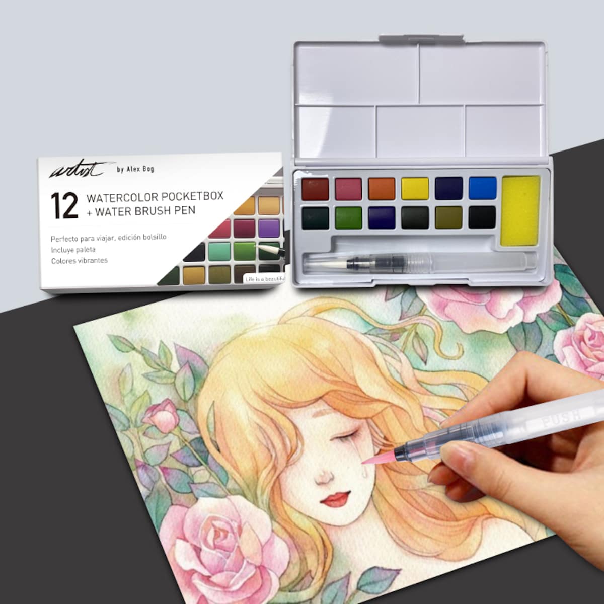 Caja 12 acuarelas colores pocket Artist Alex Bog Blanco / Negro-5