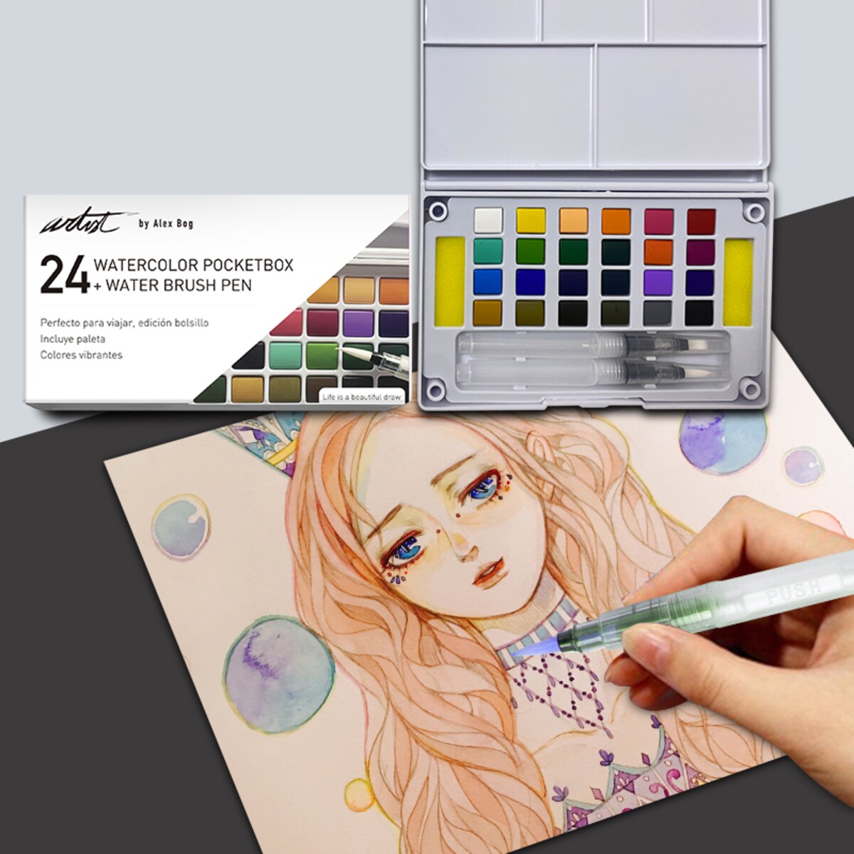 Caja 24 acuarelas colores pocket Artist Alex Bog Blanco / Negro-3