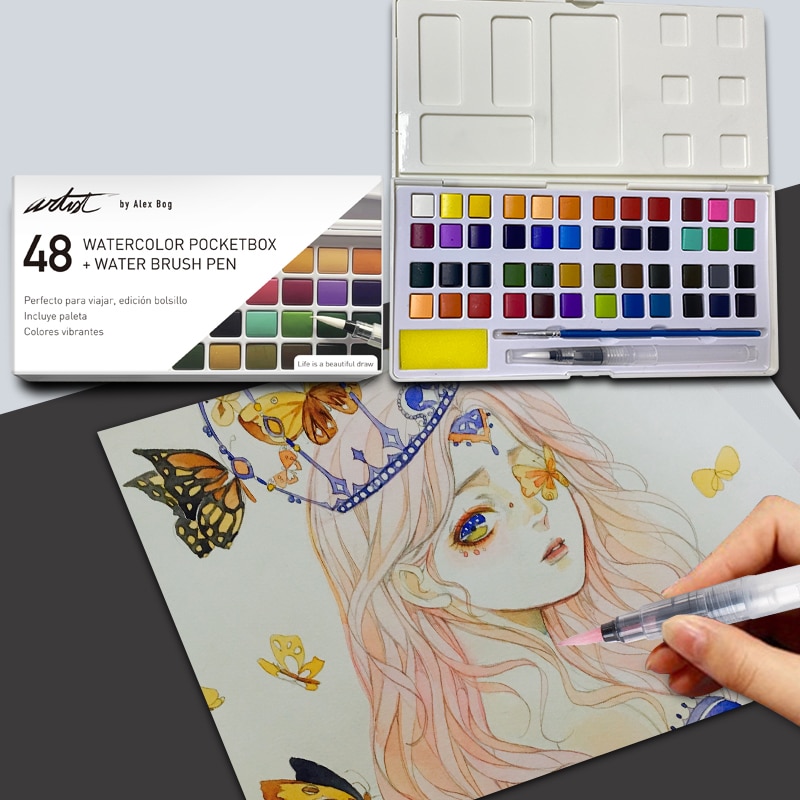 Caja 48 acuarelas colores pocket Artist Alex Bog Blanco / Negro-3