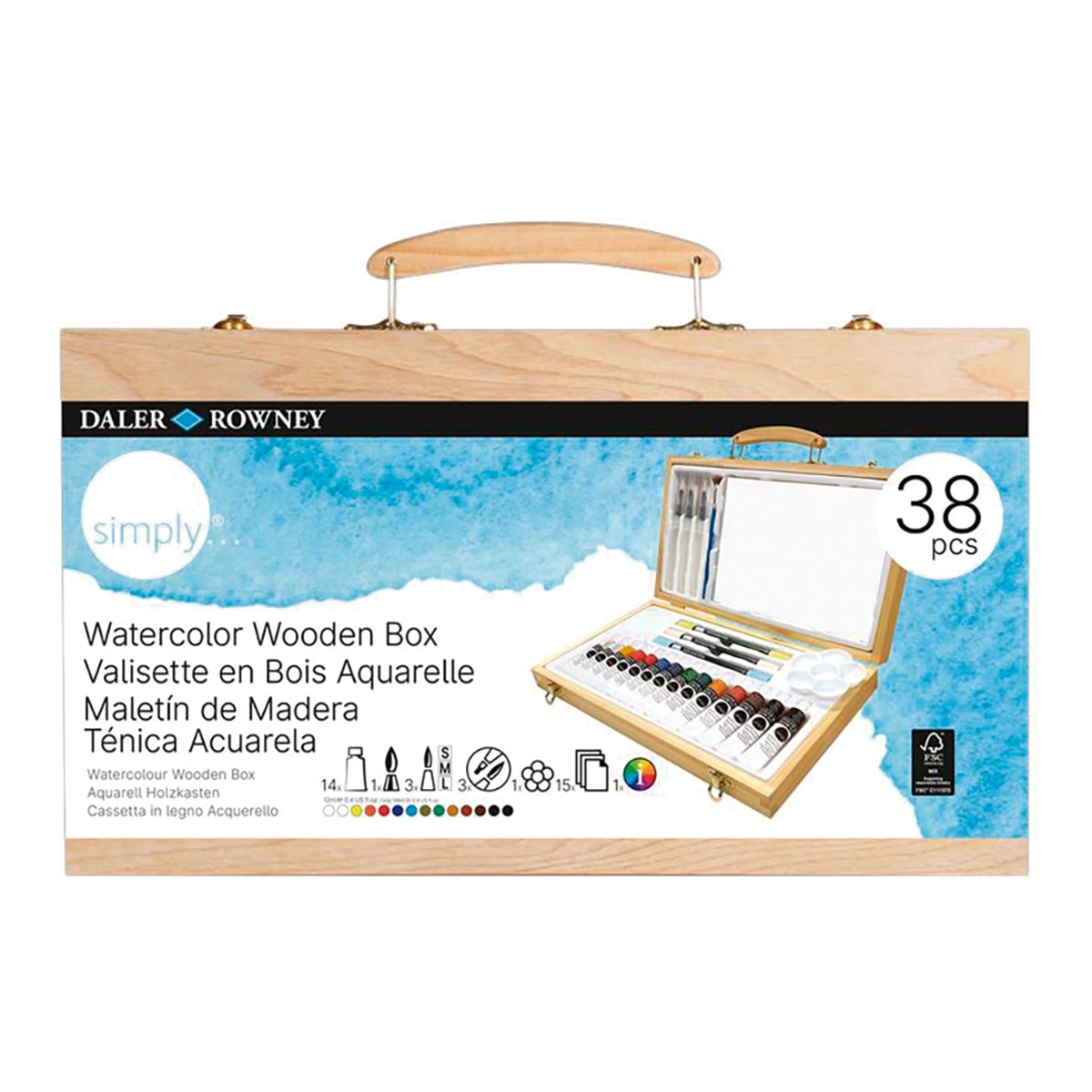 Imagen 0 de Set de acuarela maletín de madera 38 piezas Simply Daler-Rowney