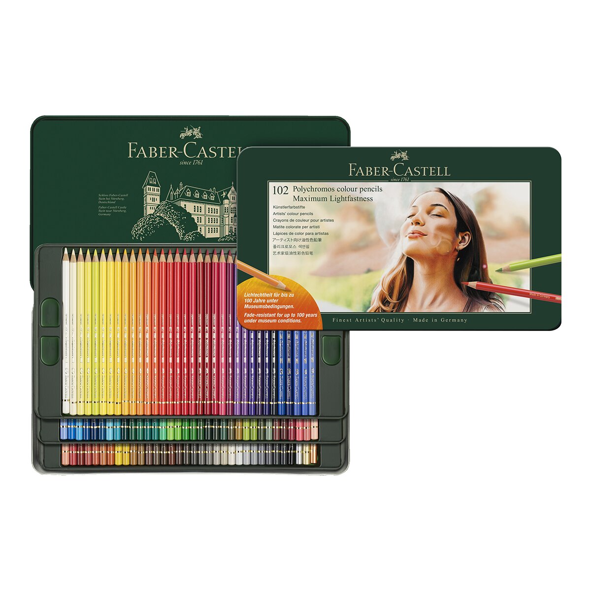 Imagen 0 de Caja de metal con 102 lápices Polychromos Faber-Castell surtido en colores