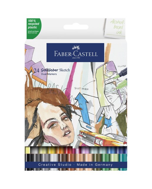 Conjunto 24 Marcadores Goldfaber Sketch Marker Ponta Dupla Tinta Base Álcool Goldfaber Multicolor-1