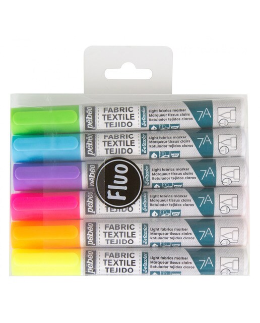 Estojo 6 Marcadores textil tecido claras ponta 1mm Pebeo fluor Multicolor-1