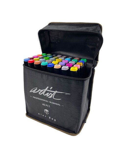 Bolsa canvas 40 rotuladores Professional Markers doble punta, biselada y fina, tintas base alcohol ARTIST by Alex Bog multicolor Multicolor-1