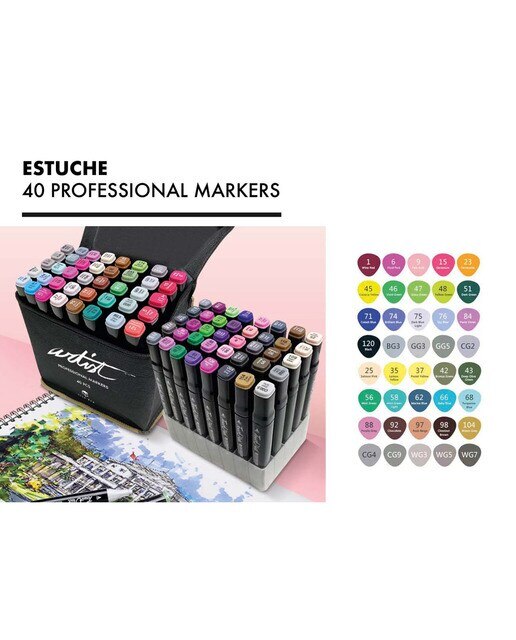 Bolsa canvas 40 rotuladores Professional Markers doble punta, biselada y fina, tintas base alcohol ARTIST by Alex Bog multicolor Multicolor-3