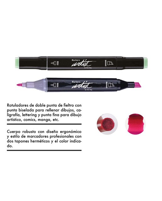 Bolsa canvas 40 rotuladores Professional Markers doble punta, biselada y fina, tintas base alcohol ARTIST by Alex Bog multicolor Multicolor-9