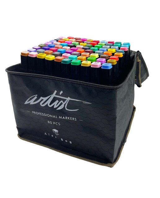 Bolsa canvas 80 rotuladores Professional Markers doble punta, biselada y fina, tintas base alcohol ARTIST by Alex Bog multicolor Multicolor-1
